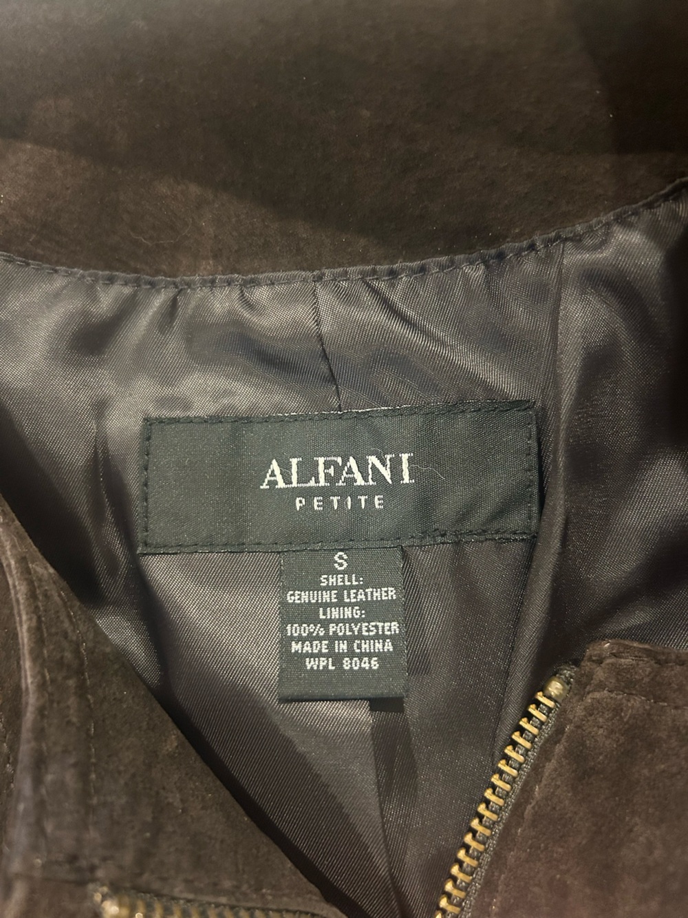 Alfani Petite Brown Suede Leather Jacket with Gold Zipper